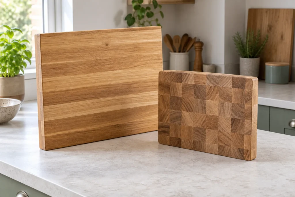 Two wooden chopping boards with long-grain and end-grain patterns standing separately on a kitchen counter.